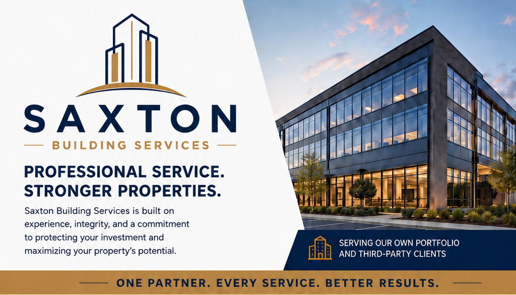 Saxton Building Services promotional flyer showing commercial building services, property management, maintenance, contact information, and service offerings